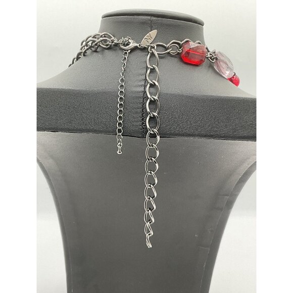 Long Red & Silver Beaded Necklace With Flower Accent - Picture 3 of 3
